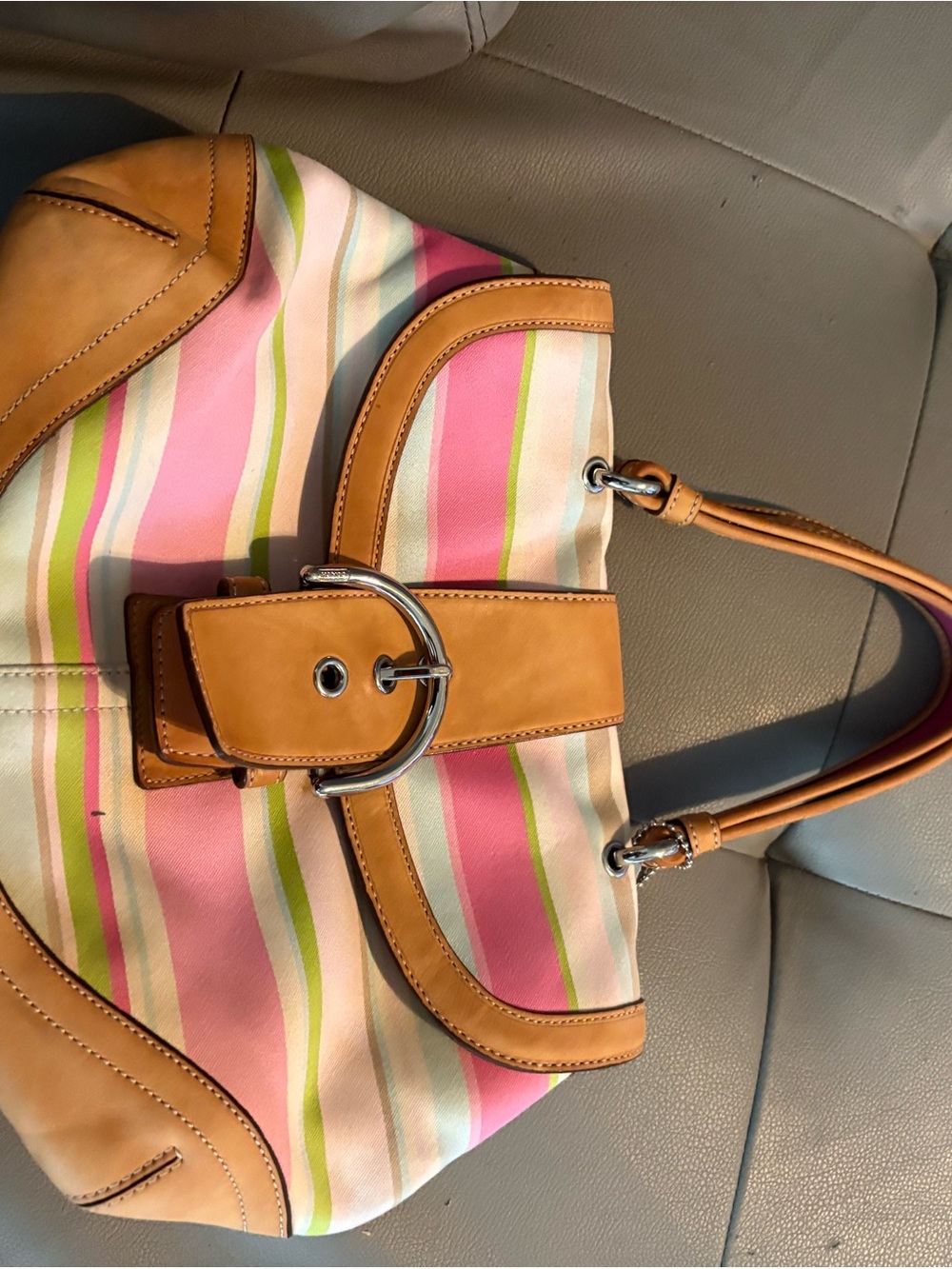 COACH Striped Pink and Tan Tote with Silver Buckle